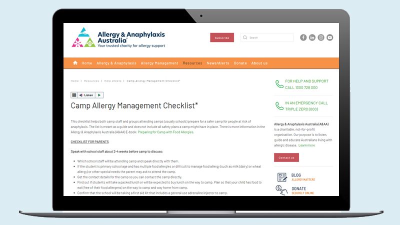 The Allergy & Anaphylaxis Australia Camp Allergy Management Checklist