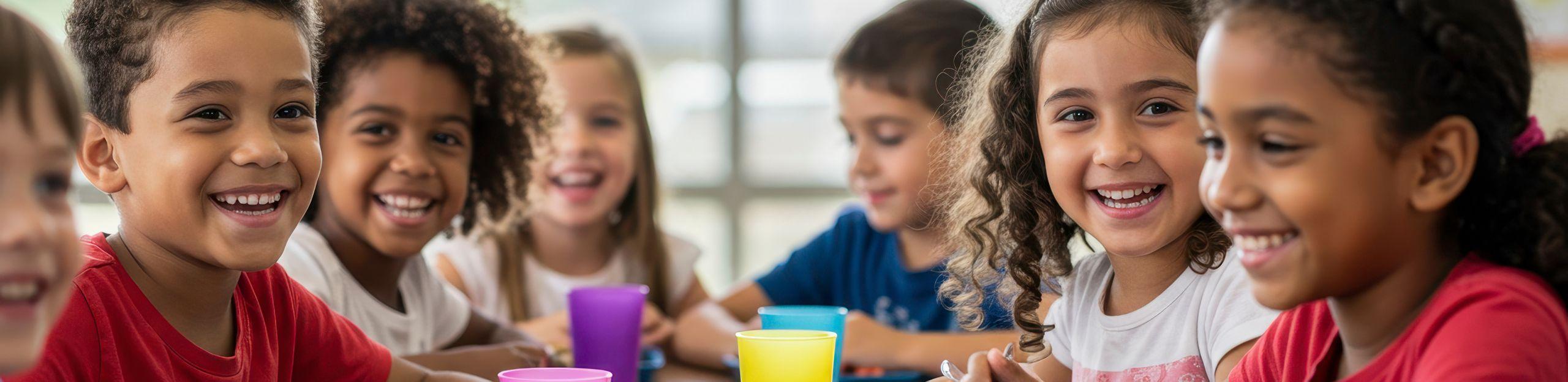 Smiling diverse children seated at a table with colorful cups, laughing and interacting